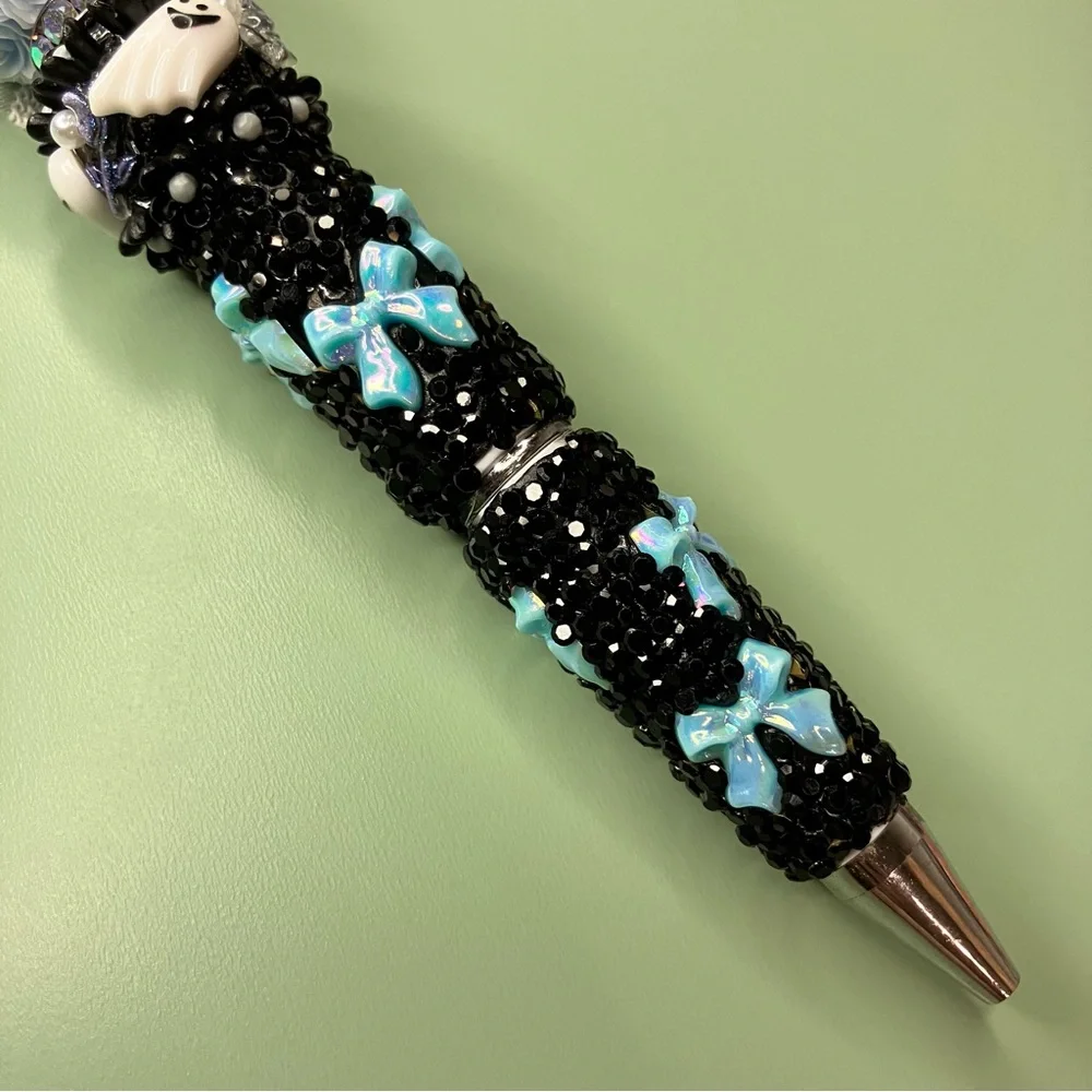 Blue and Black Skull Bow Floral Emo Aesthetic Rhinestone Handmade Beaded Pen